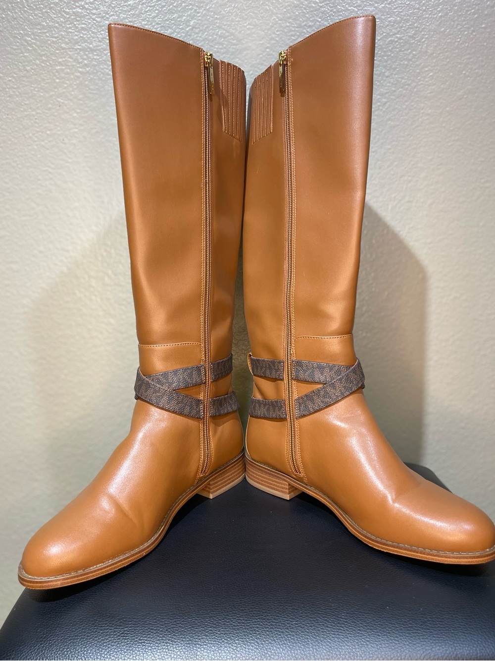 Michael Kors Camel Leather Over-the-Knee Boots with Logo-Strap - Picture 3 of 7